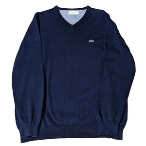 Lacoste Mens 100% Cotton V-Neck Sweater Size XL Navy Blue Long Sleeve Logo